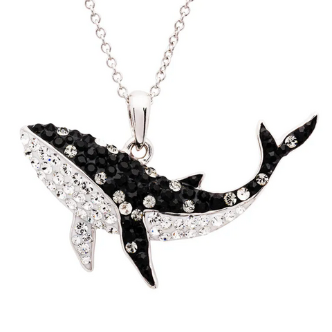 Sterling Silver Whale Necklace with White and Black Crystals