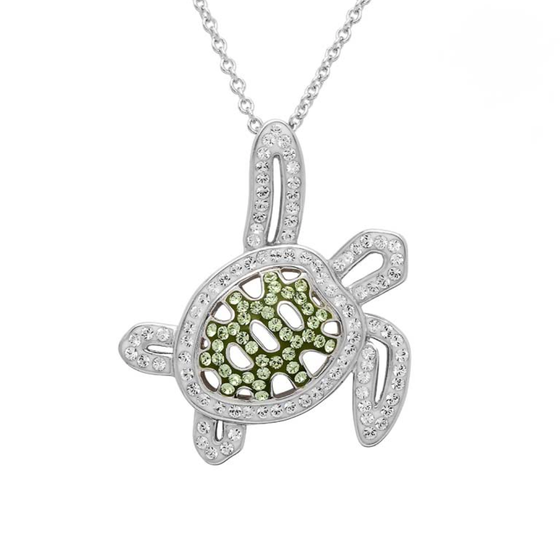 Green Turtle Necklace Encrusted with White Swarovski Crystal