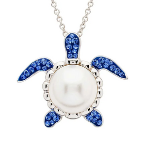 Sterling Silver Pearl Sea Turtle Necklace with Sapphire Crystals