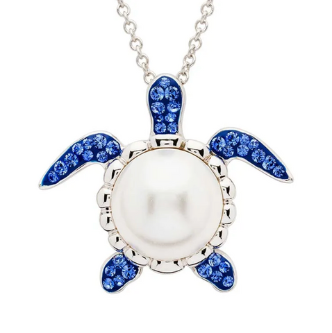 Sterling Silver Pearl Sea Turtle Necklace with Sapphire Crystals