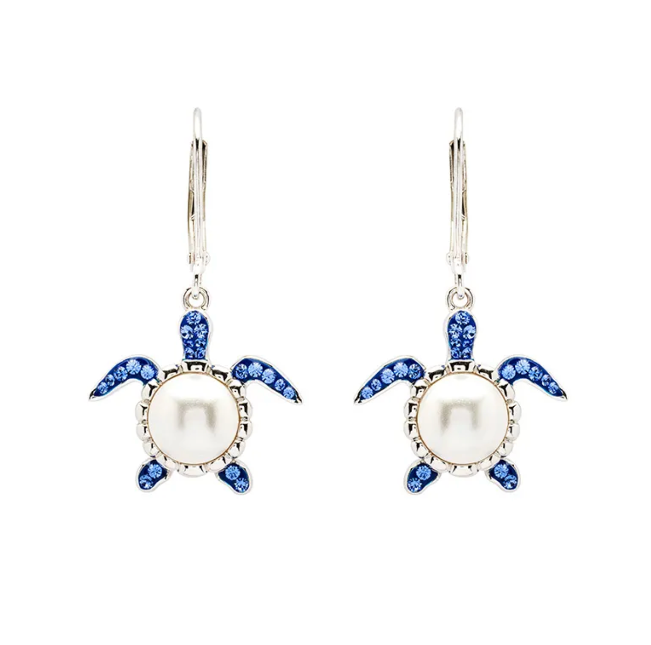 Sterling Silver Pearl Sea Turtle Earrings with Sapphire Crystals