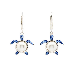 Sterling Silver Pearl Sea Turtle Earrings with Sapphire Crystals