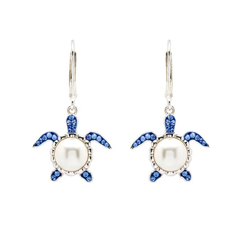 Sterling Silver Pearl Sea Turtle Earrings with Sapphire Crystals