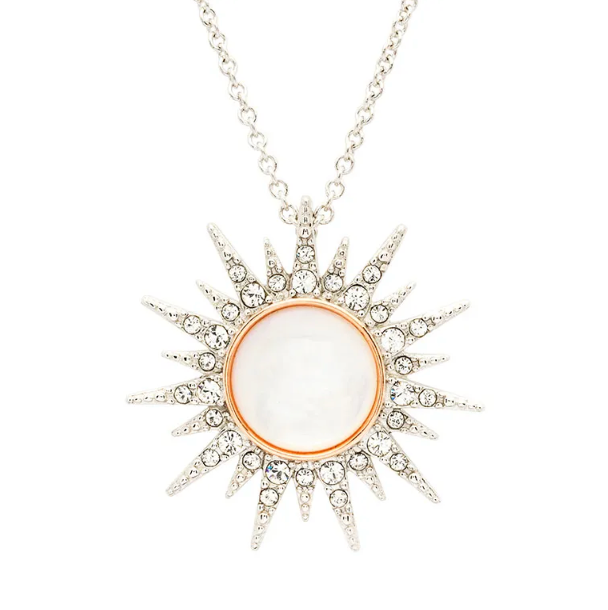 Sterling Silver Mother of Pearl Sun Pendant with White Crystals and Rose Gold