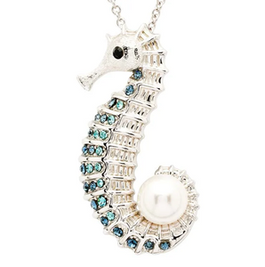 Sterling Silver Seahorse Pearl Necklace with Sapphire Crystals