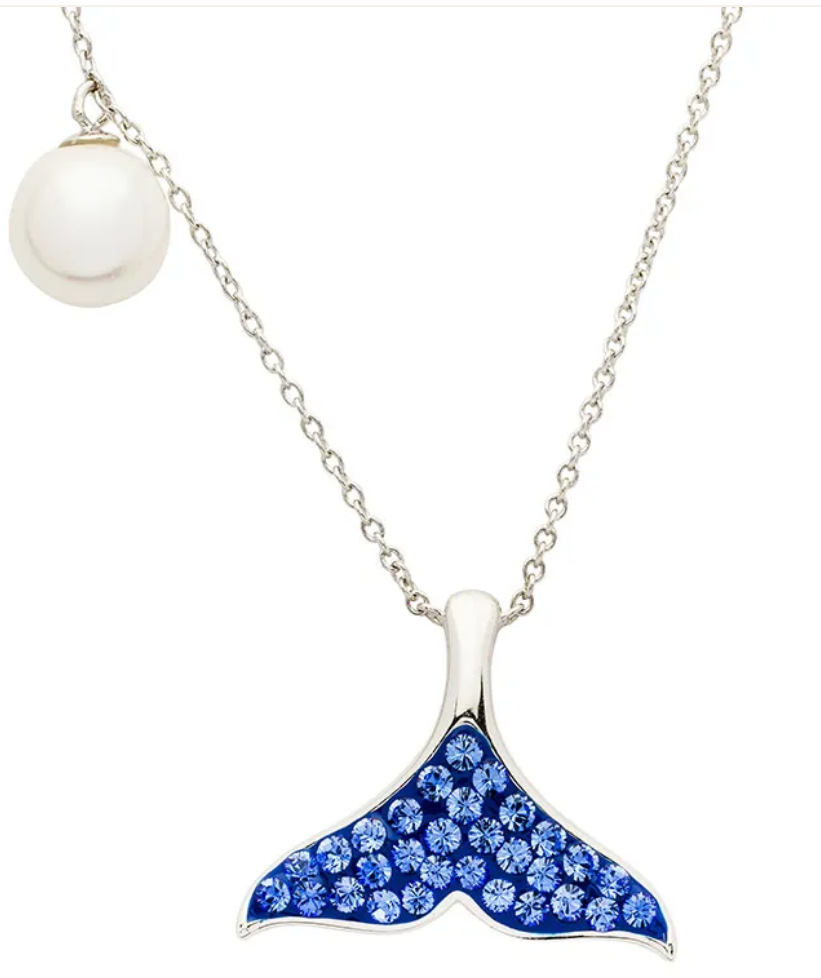 Sterling Silver Pearl Whale Tail Necklace with Sapphire Crystals
