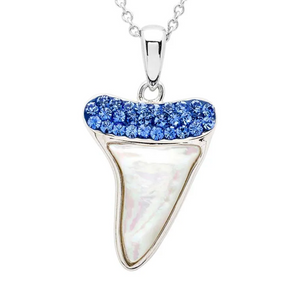 Sterling Silver Mother of Pearl Shark Tooth Necklace with Sapphire Crystals
