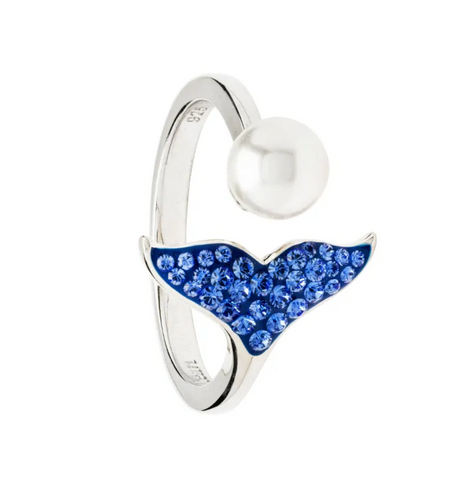 Sterling Silver Pearl Whale Tail Ring with Sapphire Crystals