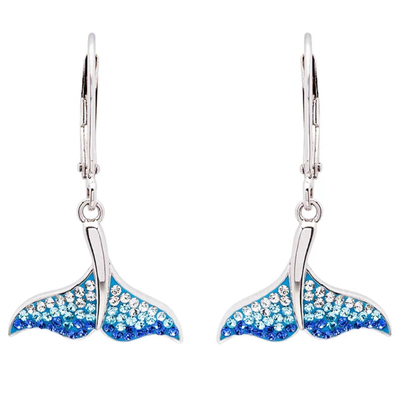 Sterling Silver Whale Tail Earrings with Ombre Blue Crystals