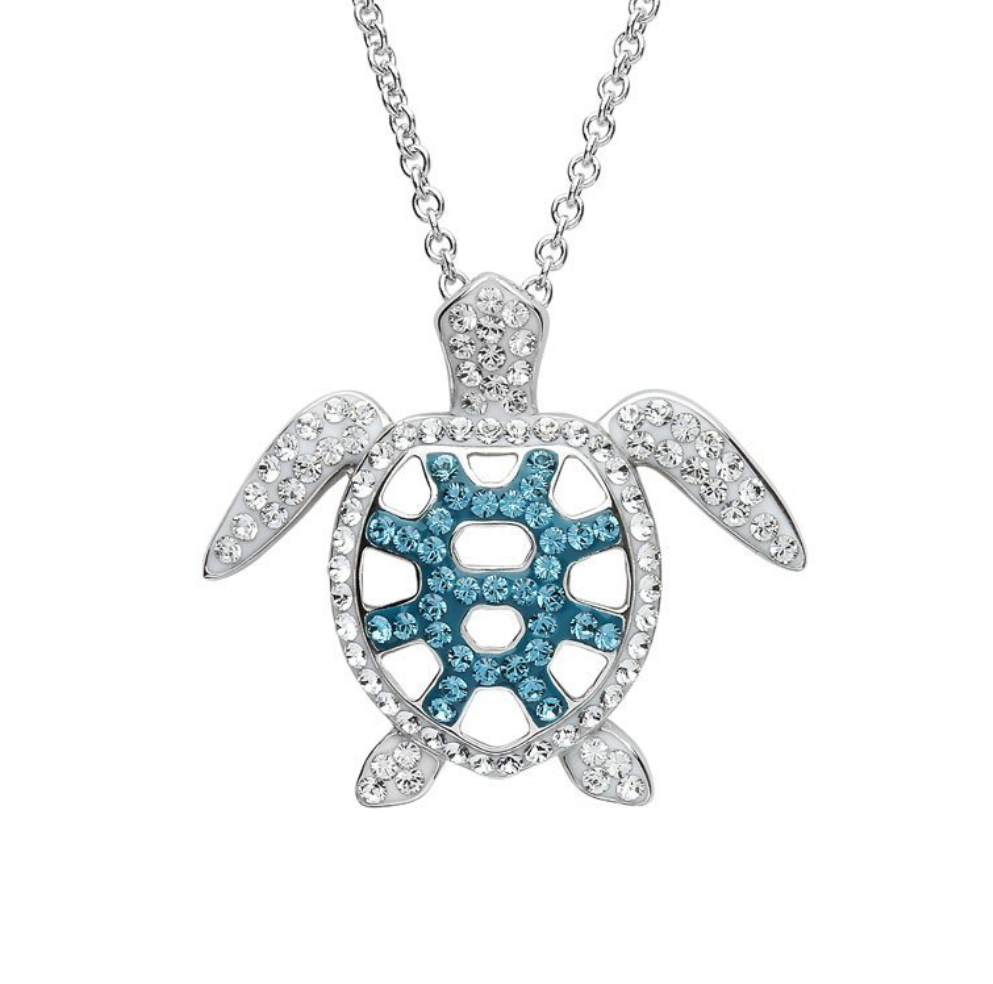 Filigree Turtle Pendant With Teal Swarovski® Crystals